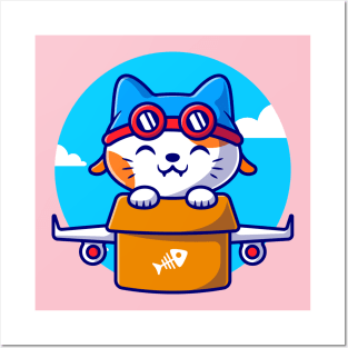 Cute Cat Flight With Cardboard Plane Cartoon Posters and Art